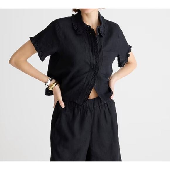 J. Crew Tops - J.Crew Black Ruffle Trim Button Up Shirt in Linen size 3X